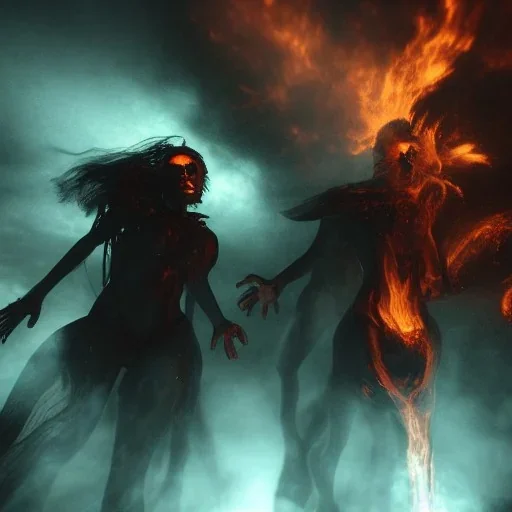 **Cerberus, character-design, fire pouring from each mouth, full body, fiery dark skies in the underworld with Hades in the background, 8k, highly detailed, hyperreal, octane render, hdr, dark, sparkling lights, Cinematography lighting, mysterious, glister, surrealism, campbell white, 8K, Beautiful photography