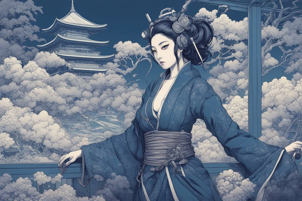 beautiful cyberpunk huge girl, hyperdetailed, illustration by Katsushika Hokusai, darkblue tones,