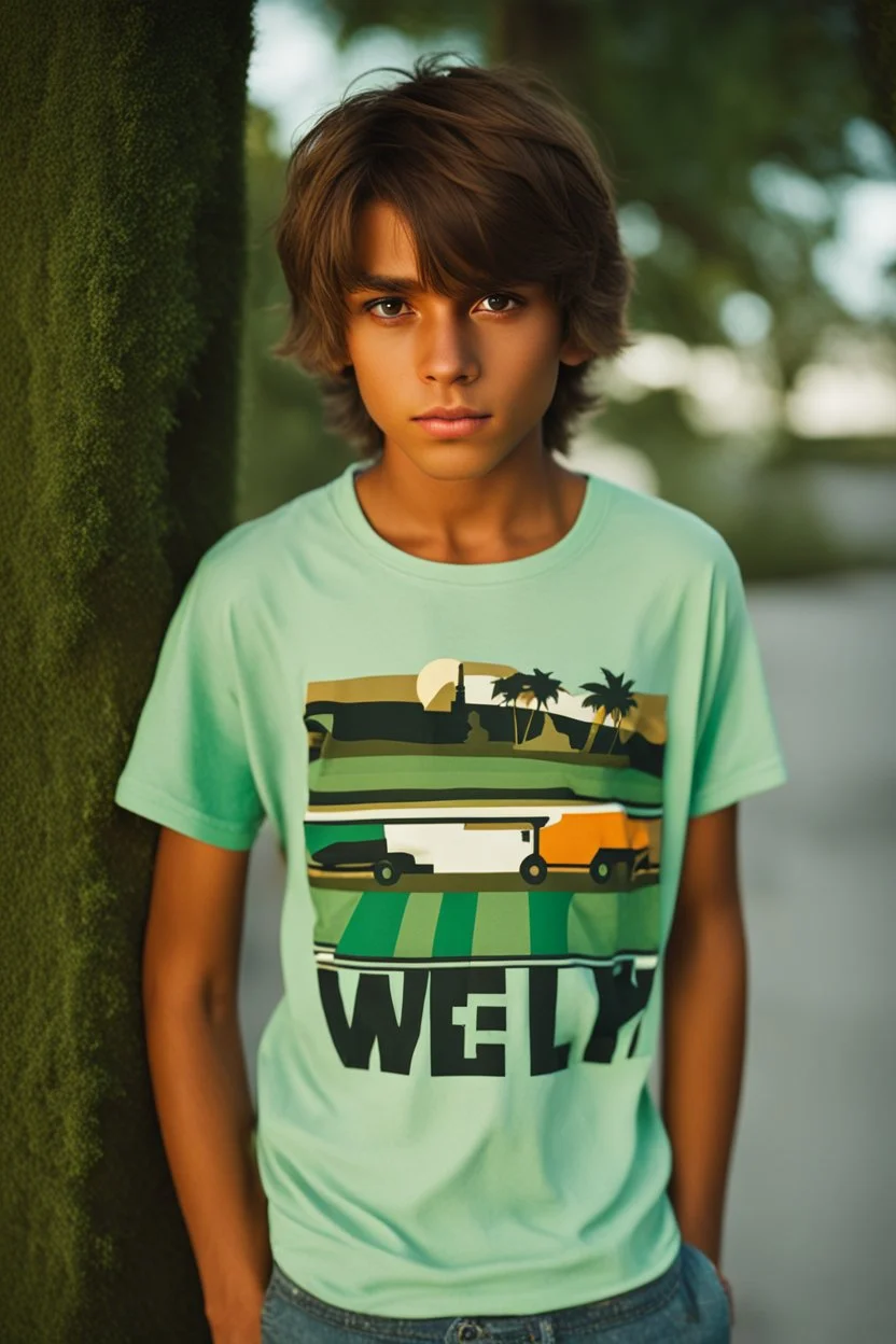 15 year old young boy with lightly tanned skin and brown hair wearing a teeshirt