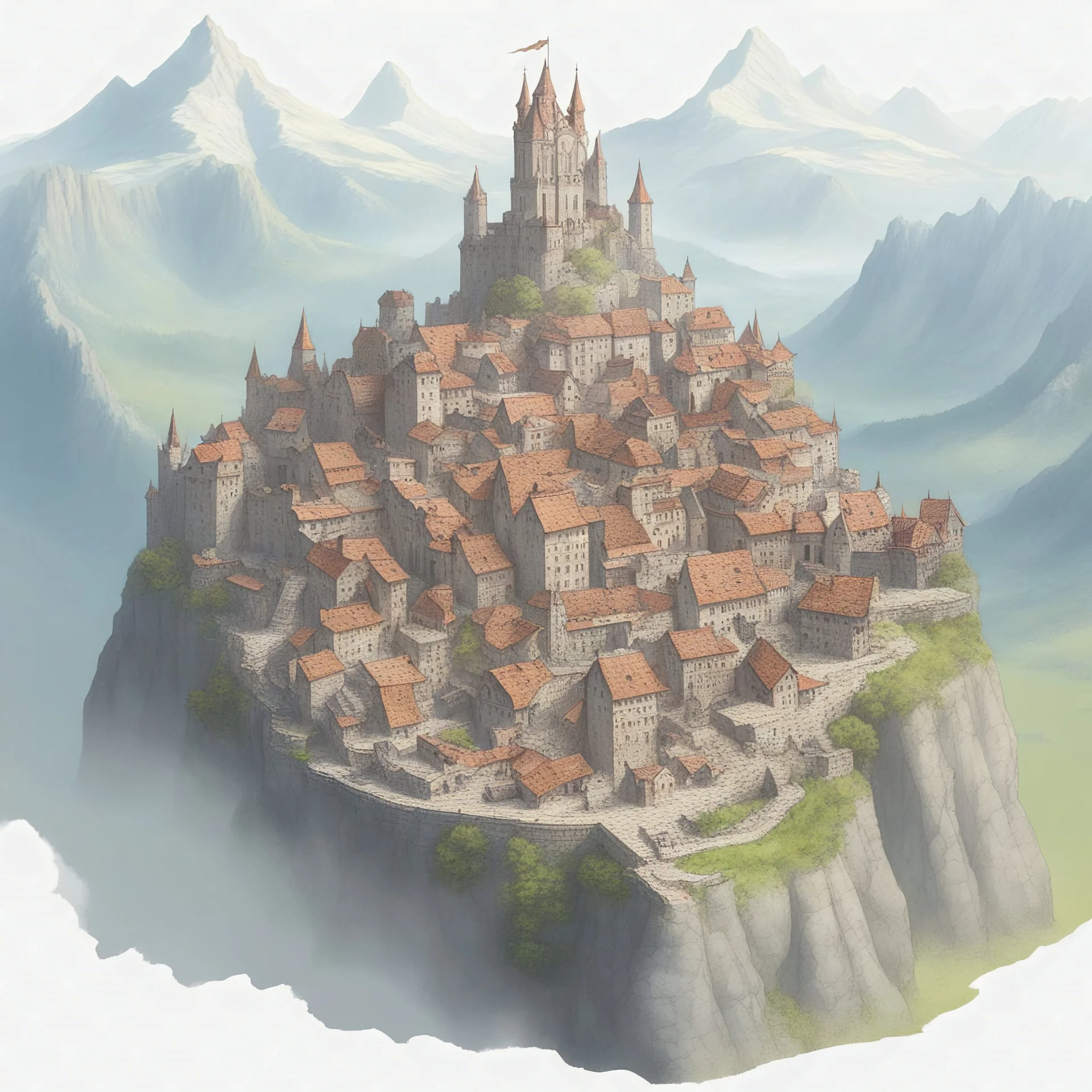 giant medieval city, surrounded by mountains, dragon cranium in the top of the biggest mountain