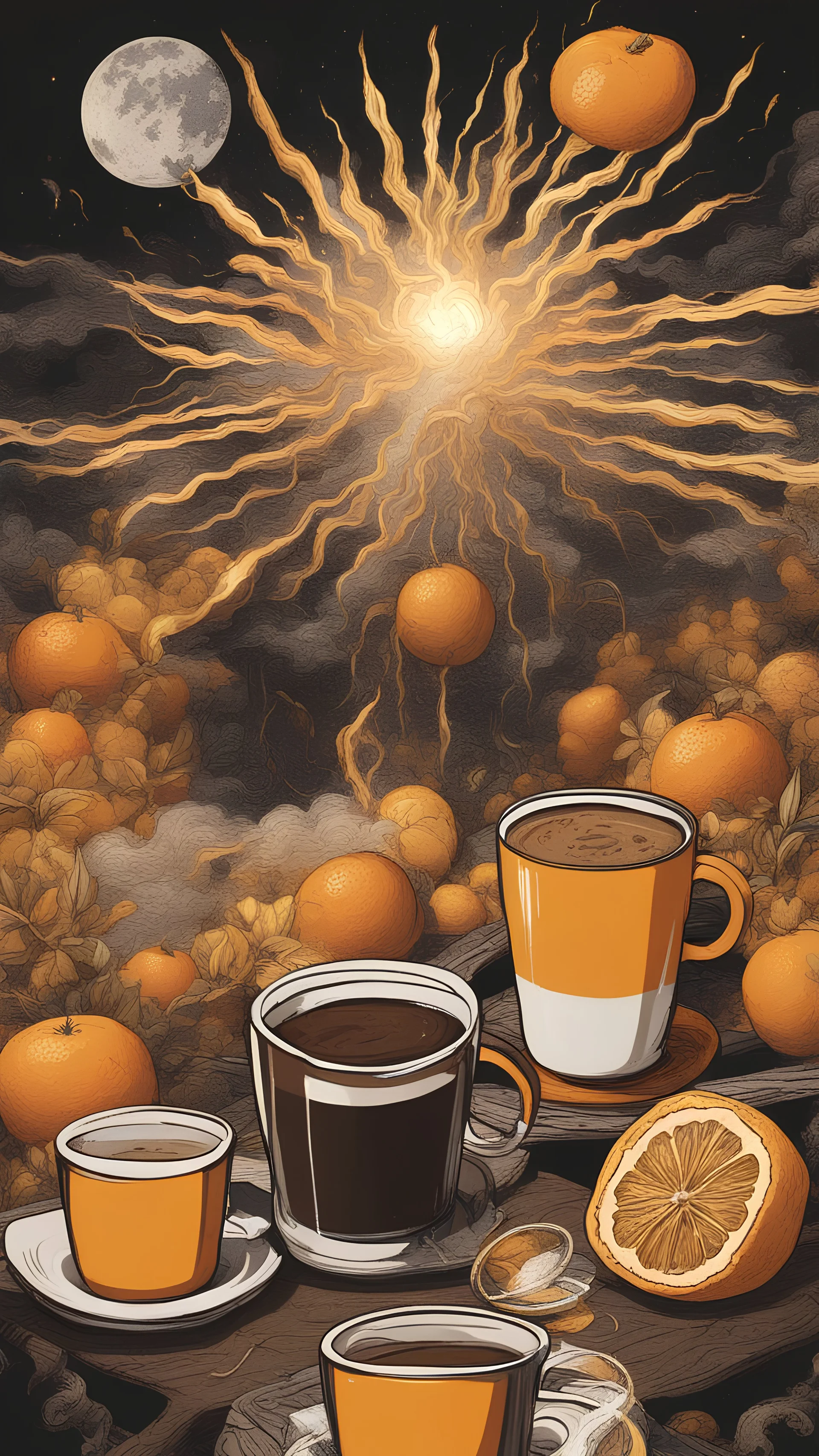 A massive explosion of coffee and smoke, lighting up the night sky with its brilliant oranges and yellows.