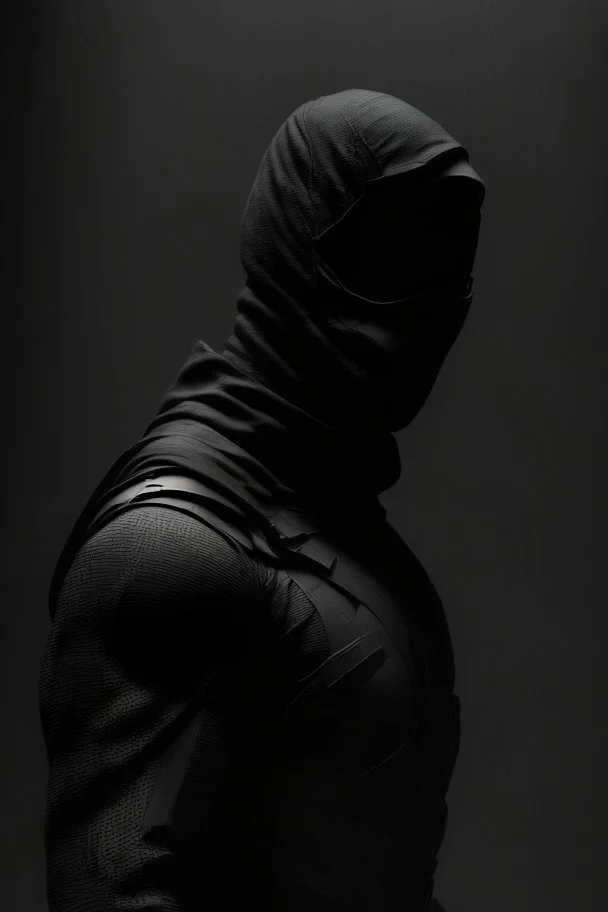 Background is dark grey, almost black. There is a head and torso silhouette looming in the picture, completely masked by a black kevlar suit.