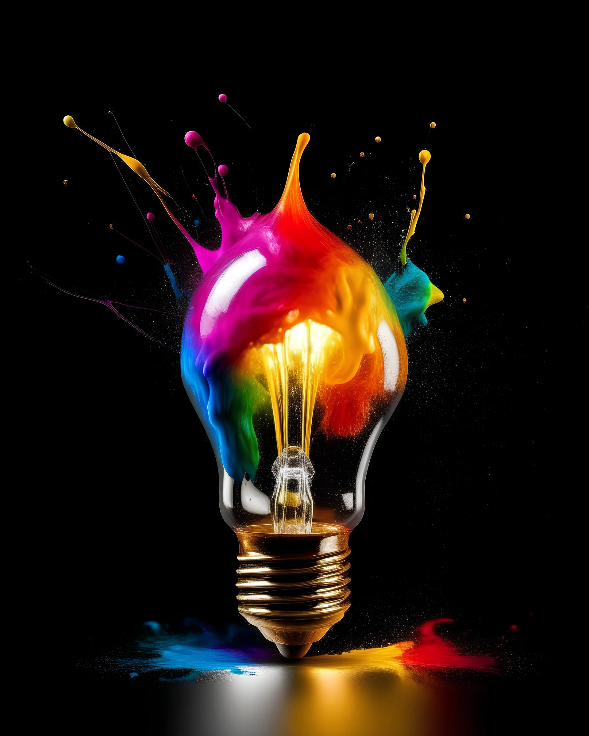 Creative light bulb explodes with colorful paint and splashes on a dark background. Think differently creative idea concept.