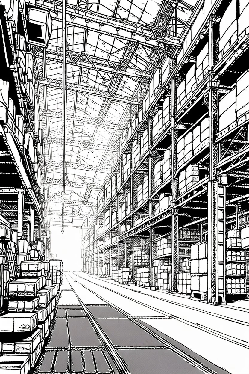 Industrial warehouses, line arts, manga style