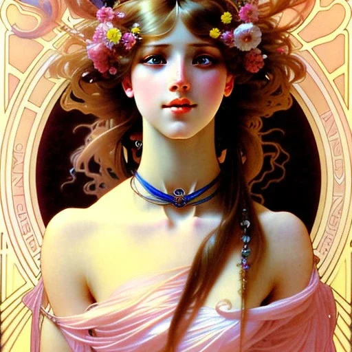 woman, beautiful, cute, long pink hair with bangs, brown eyes, by Alphonse Mucha