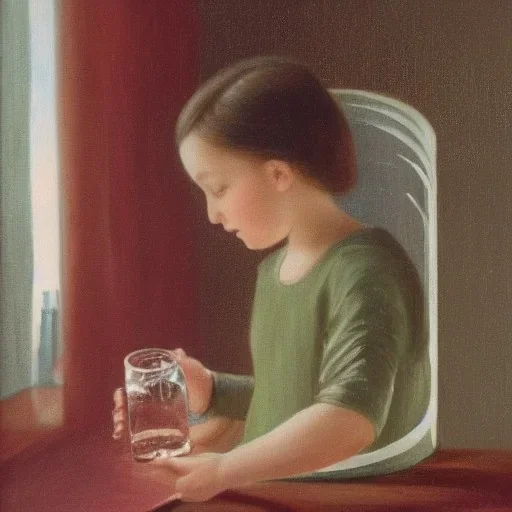 Distant Painting of a little girl drinking water from a glass