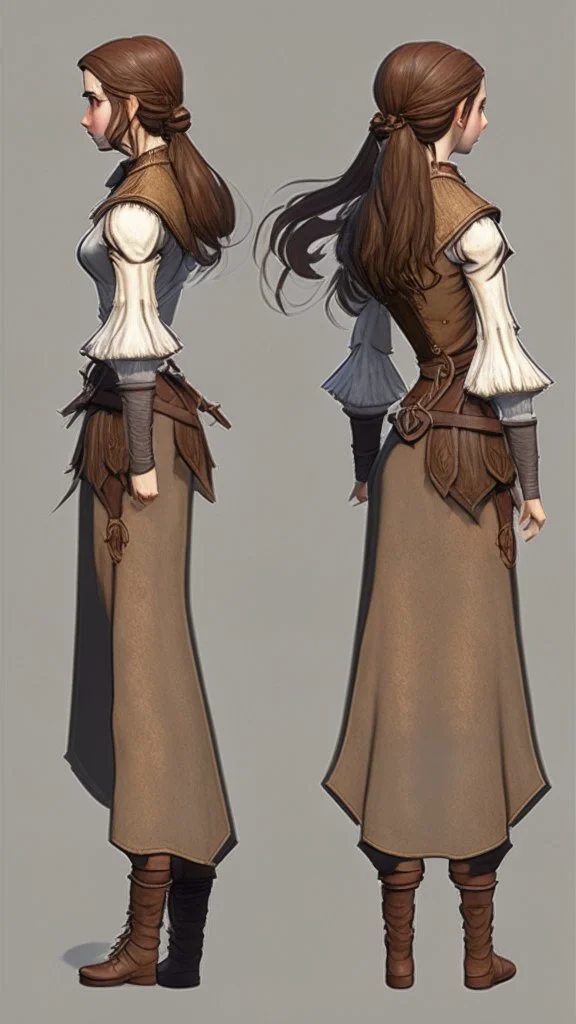 turnaround frontal view, side view and back view, character of a girl, realistic style, brown hair, she wears fantasy medieval clothes, she is slim, full body view