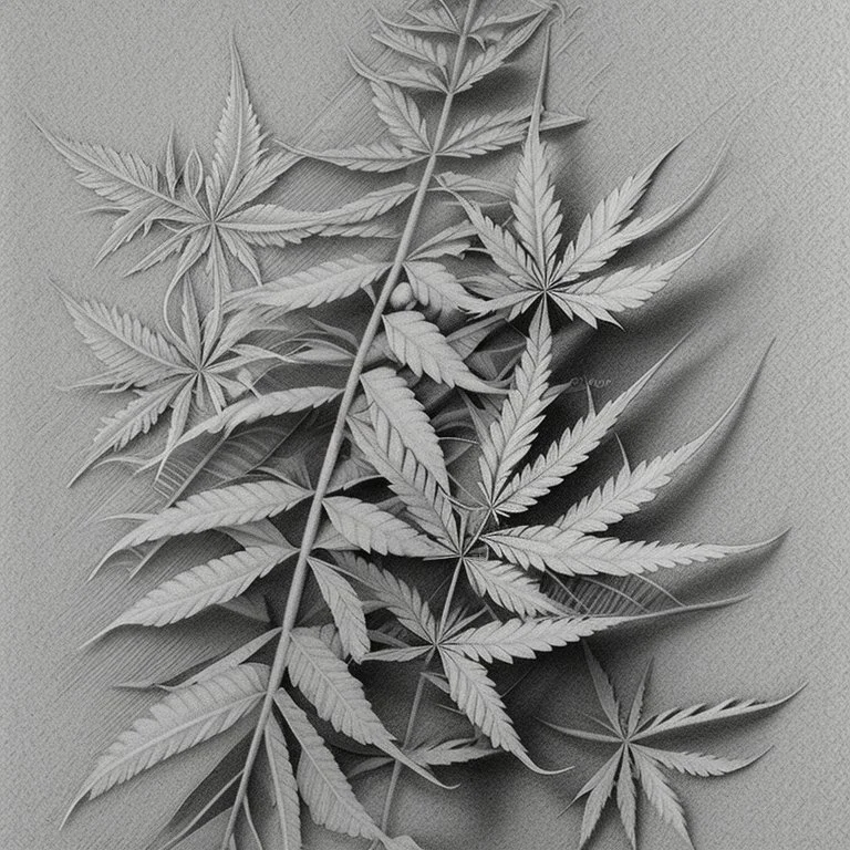 draw a pencil drawing that potrays the pleasure and relaxation derived using elements like, weed leaves, soft textures, hazy, and gentle curves to evoke a sense of tranquillity and bliss. generate patterns