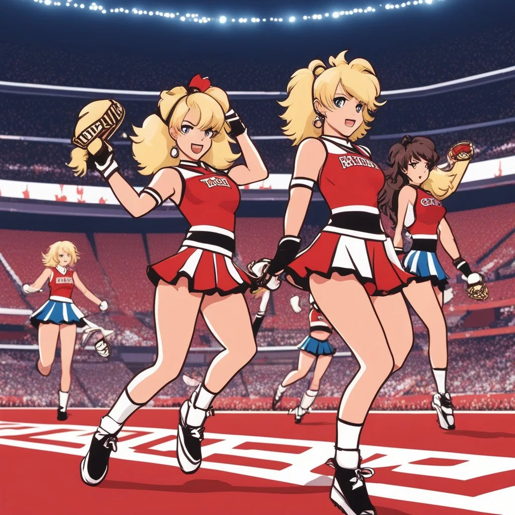 [wii No More Heroes style with thick lines] 1990s rhythm and blues Cheerleaders in the stadium