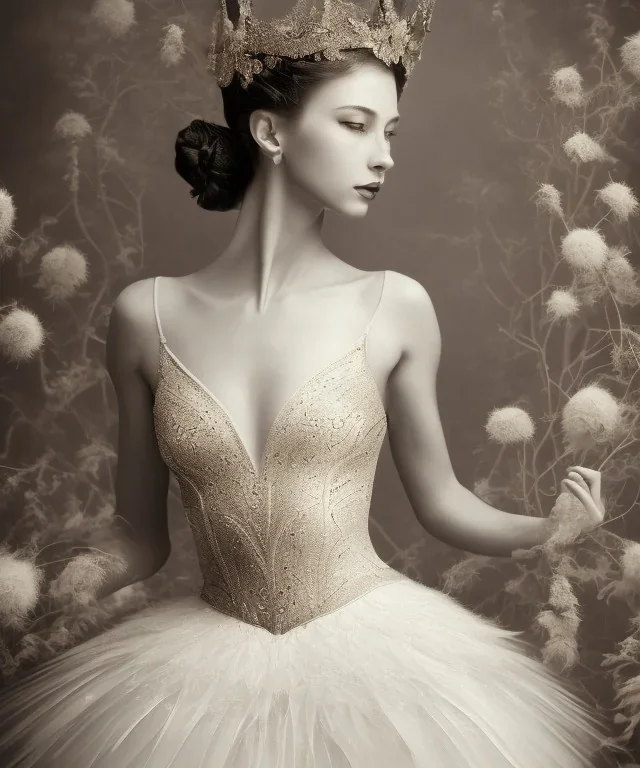 vintage sepia photo of beautiful, stunning ballerina with white feather crown wrapped around head, glittery bodice, close-up half-body portrait, sepia, background of flowers, gauzy white curtains, candles, dreamlike, sepia photography, centered, 8k resolution, high-quality, fine-detail, intricate, detailed matte, volumetric lighting, photo-realistic, candles, translucent gown, illustration, 3D octane render, brian froud, howard lyon, selina french, annie stokes, lisa parker, greg rutowski