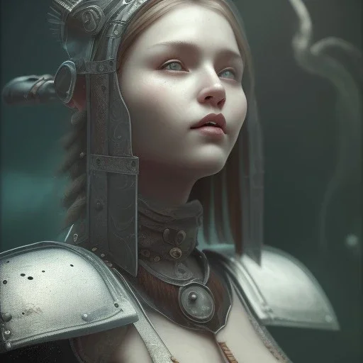 a cute smiling girl in medieval armor with a tattoo in her face, michelangelo style, steam punk, scary, horror, realistic, made in octane, cinematic, ultra-realistic, extremely detailed octane rendering, 8K, VRAY Super Real ar 2:3, dof photorealistic futuristic 50mm lens hard lighting dark gray tintype photograph, realistic lighting, sephia colors