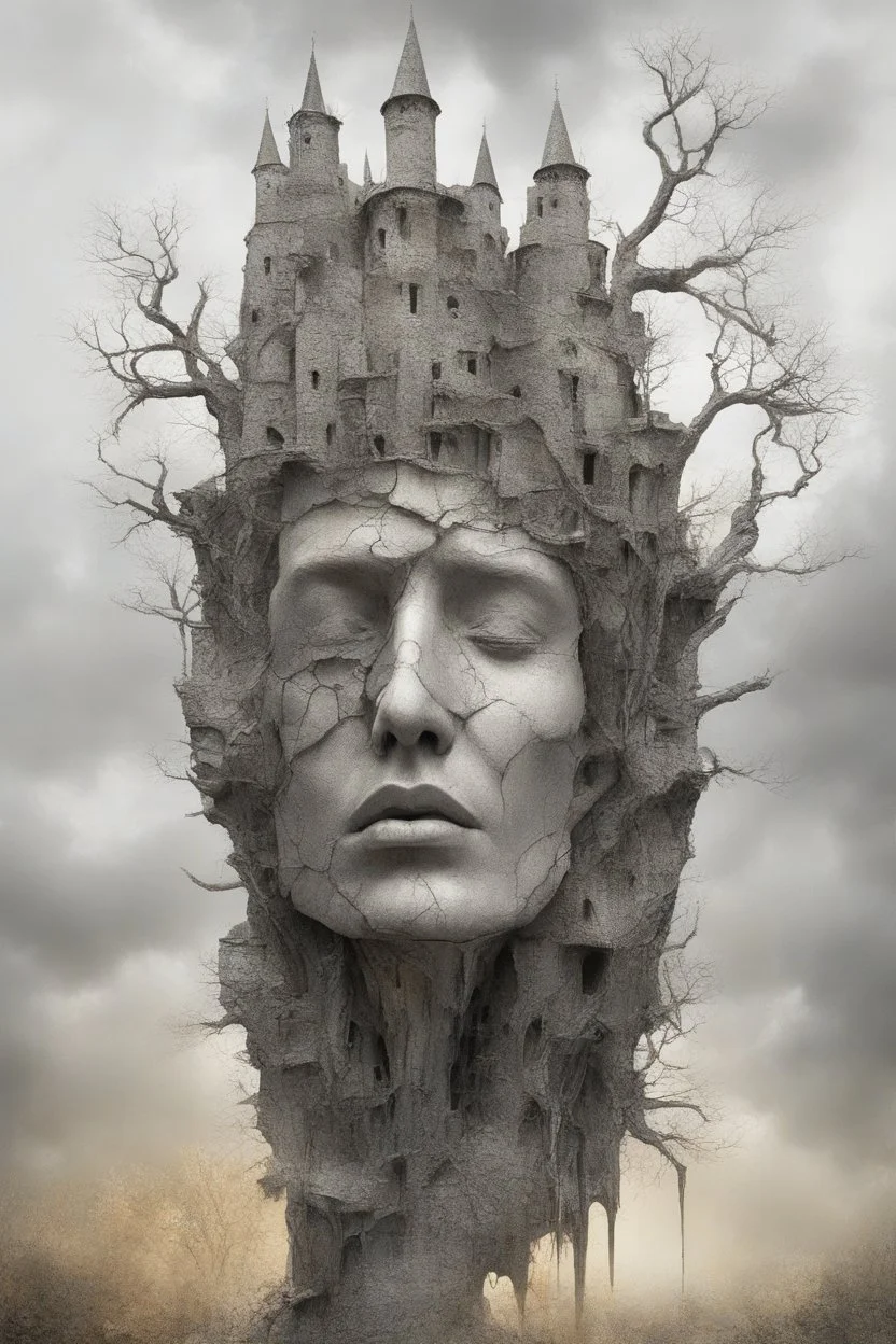 surrealis monochrome A fragmented, surreal sculpture liguid color of photorealistic image 3d,psychedelic art of an castle glossy emerging from dreamlike a crumbling building. The face appears pale with deep cracks and intricate details, evoking a haunting expression. Blackened tree branches intertwine with the gold mengkilat cracks, set against a backdrop of stormy, cloud-filled skies. bauhaus art The overall tone is dark and moody, suggesting themes of decay and transformation.