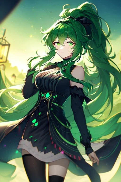 girl, masterpiece, best quality, cinematic lighting, detailed outfit, vibrant colors, perfect eyes, green hair, green eyes, long hair, black stockings, ponytail, messy hair,