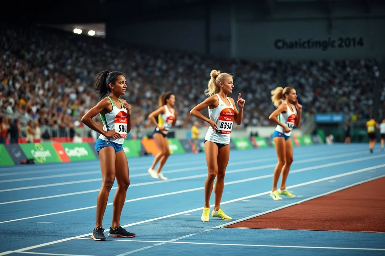 in olympic games a few 100m runner ladyes waiting in start pose to start the game