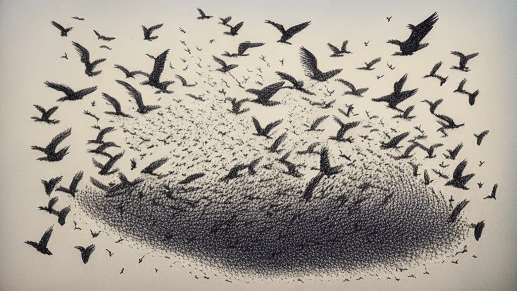 handmade drawing of a swarm of birds in the sky