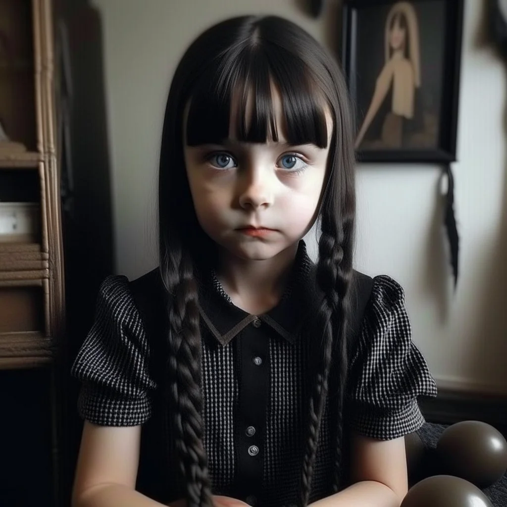 Cute wednesday addams as a child, braids, a frange, with a black rabbit, worn polaroid, 1970s, empty room, no emotion on her cold face