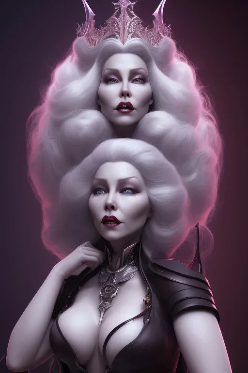 Mae West as evil queen in black leather, leather, busty, cleavage, angry, stern look. character design by cory loftis, fenghua zhong, ryohei hase, ismail inceoglu and ruan jia. unreal engine 5, artistic lighting, highly detailed, photorealistic, fantasy