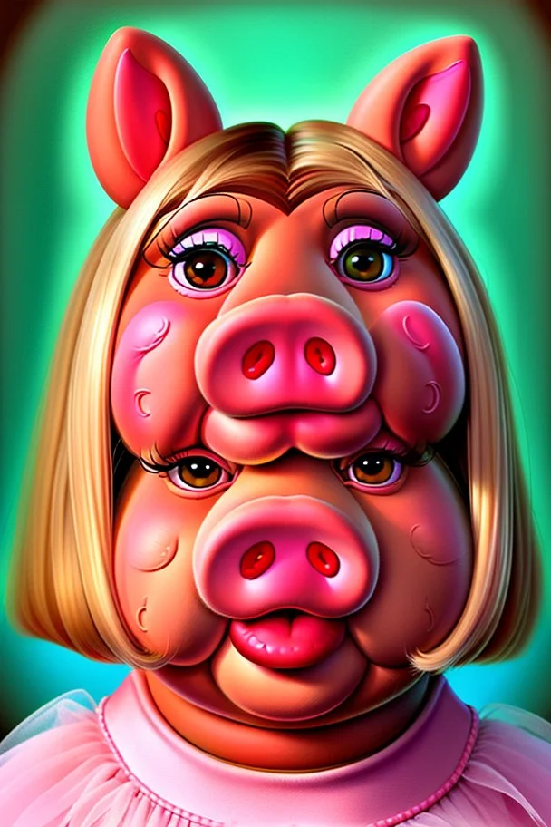 Miss piggy portrait painted photorealism, modern over exaggerated, burlesque, absurdist high brow art, in the style of 90s , jim hensen , puppet portrait, surreal pop art, uncanny, smooth