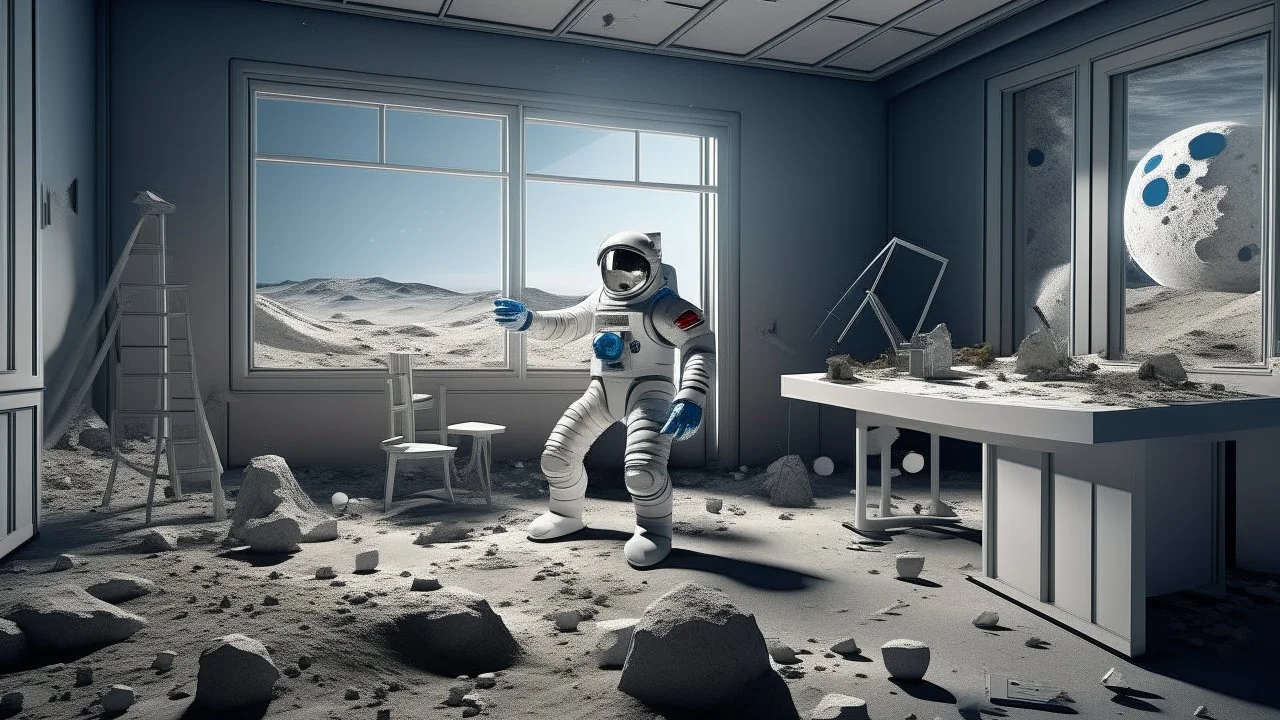 Room on a lunar base with windows overlooking the monotonous lunar landscape, astronaut juggling lunar rocks out of sheer boredom, Earth calendar marking endless days, exhausted space entertainment devices, resigned pose in the face of space routine, costumbrist science fiction style