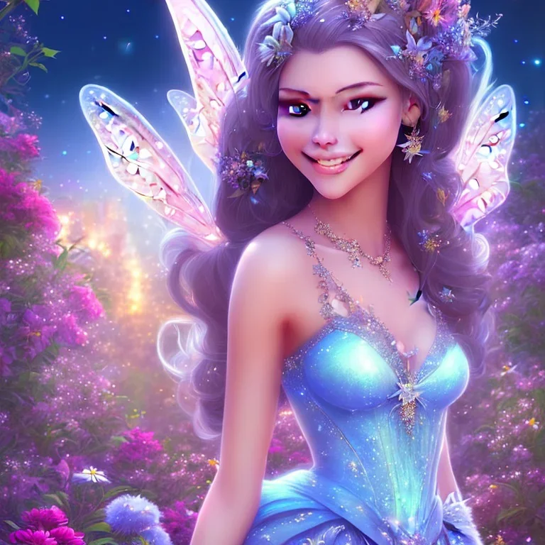 très jolie femme fée souriante , monde en fleurs, rivière , étoiles , concept art, crépuscule , bleu , vibrant Color, réaliste