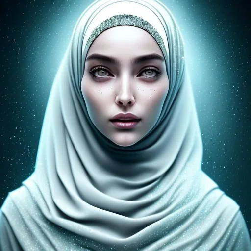 close-up portrait of woman in hijab turning into dust, morphing into blowing dust, particles, pixels, fine detail, highly intricate, wearing bridal veil, modern surrealism painting, defined cracks and breaks, high-quality, volumetric lighting, 8k, ultrahd, George Grie, Marco Escobedo, Igor Morski,Brian Froud, Howard Lyon, Selina French,