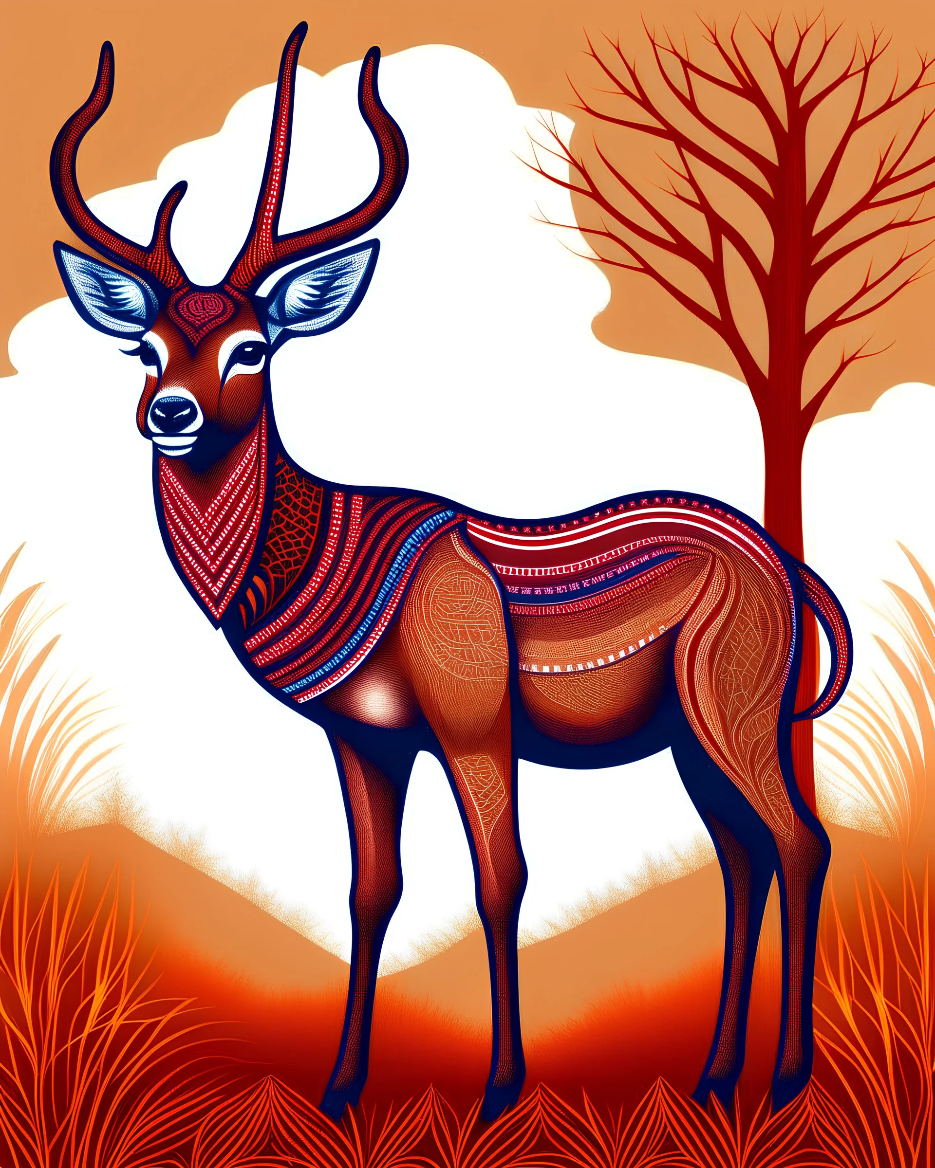 coloring pages: Majestic deer in an Afrocentric art style, adorned with intricate tribal patterns, and flowing mane-like hair, standing tall and proud in a lush savannah, surrounded by tall grass and baobab trees, Artwork, mixed media on canvas [illustration style