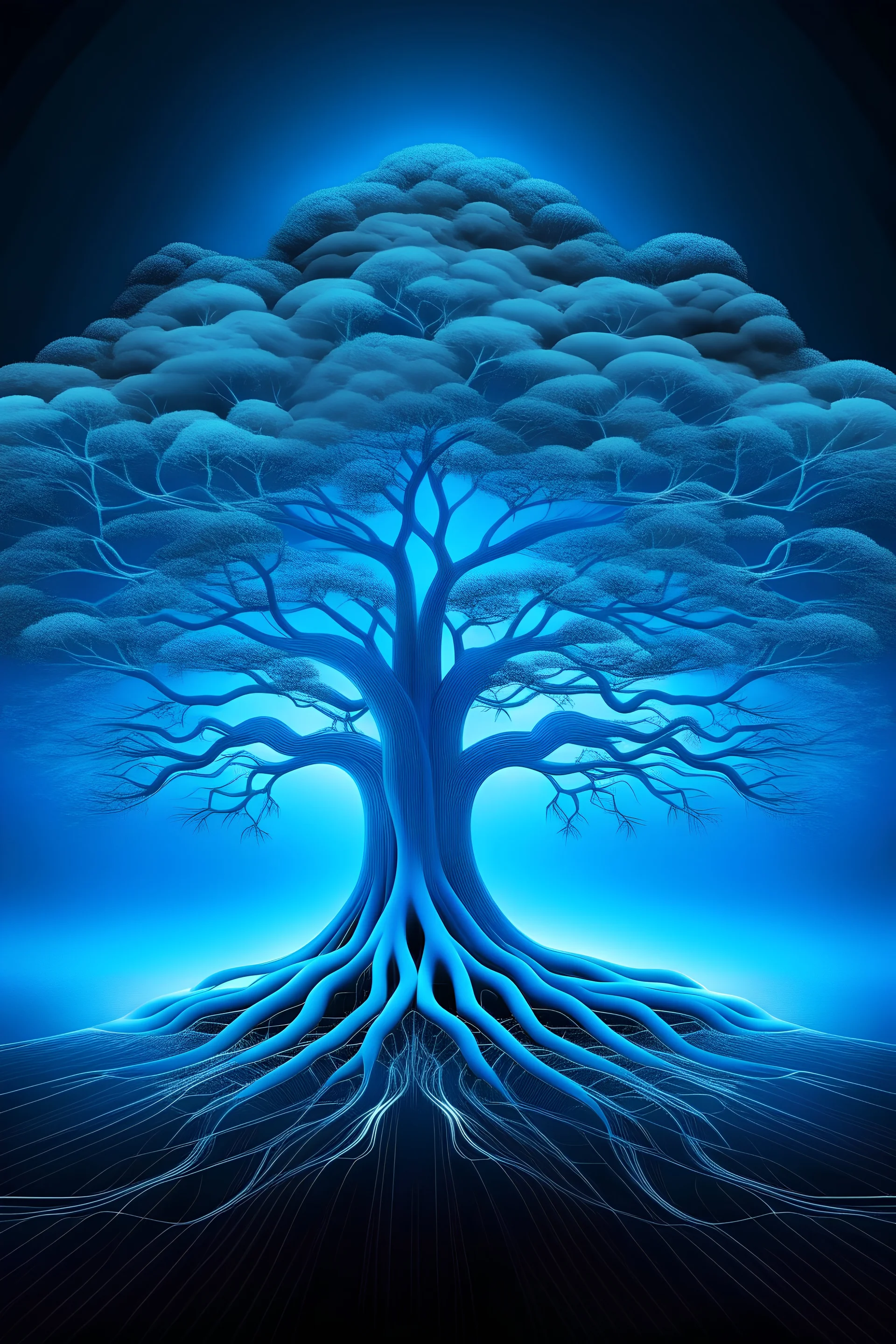 Blue big tree with roots around blue transparency energy field