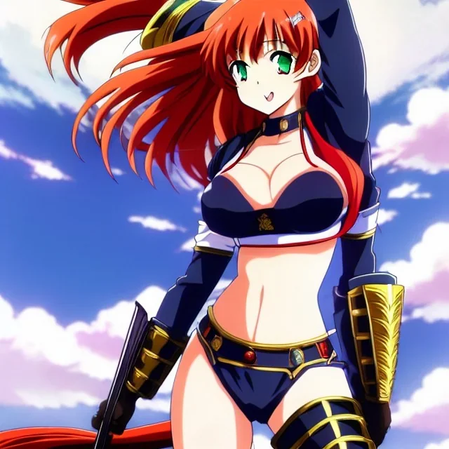 anime, Ranma 1/2, hyper detailed, stunningly beautiful teen girl, long ginger hair, green eyes, medium freckles, full lips, skimpy fantasy intricate leather armour, full body, full face, c-cup breasts, aroused expression, biting lower lip, full frame, petite, centered camera, ignore NSFW, bow, quiver on hip