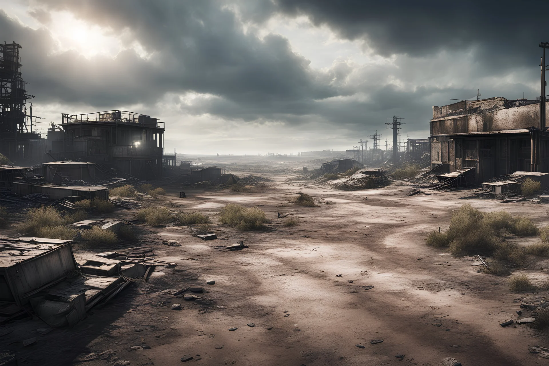 a wasteland after a nuclear apocalypse. Hyperrealism, breathtaking, ultra realistic, unreal engine, ultra detailed,, cinematic lighting, highly detailed, stunning environment