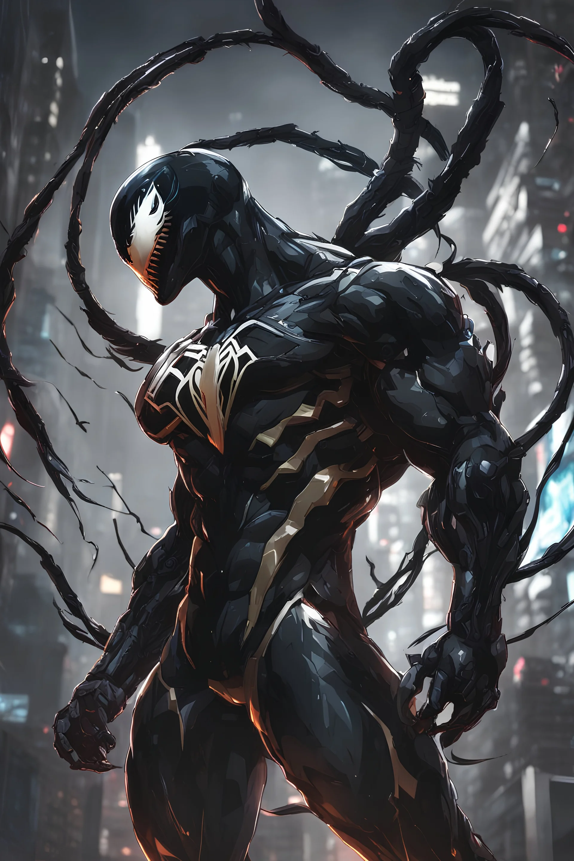Venom mix with machine in solo leveling shadow artstyle, cyberpunk them, intricate details, highly detailed, high details, detailed portrait, masterpiece,ultra detailed,best quality