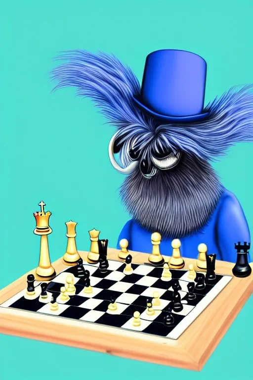 large hairy blue spider wearing a top hat and playing chess, photorealistic, trending on artstation, wide angle lens, 4k, jungle, pastel colors,