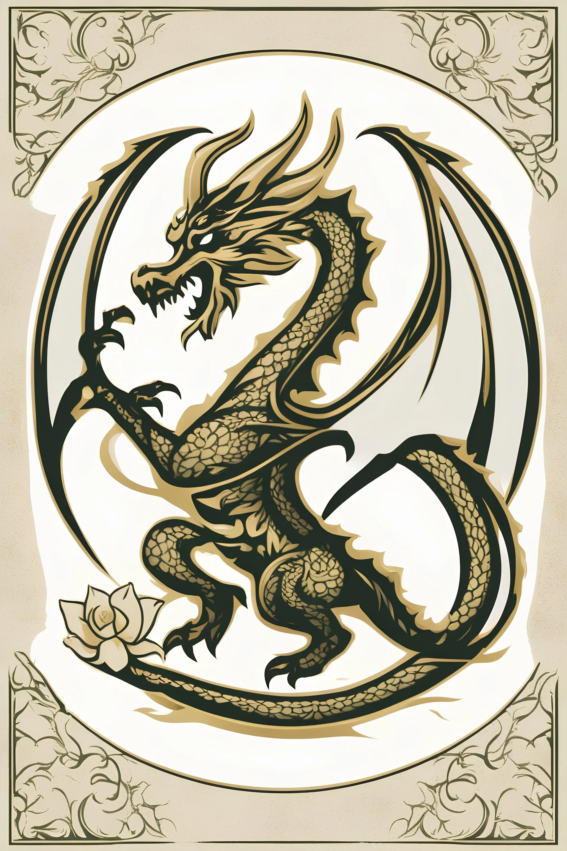 Create an elegant logo design with the side profile of a Welsh-style dragon facing left, with a white gardenia in its claw. Make the dragon a golden colour and have a circular frame.