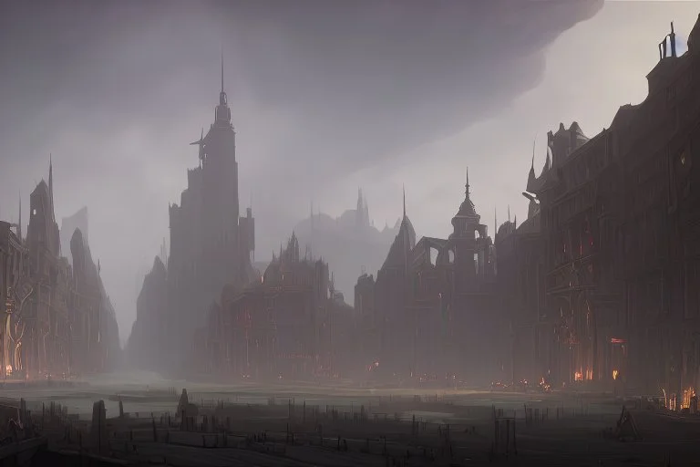 A dark, disrepaired medieval city in the clouds