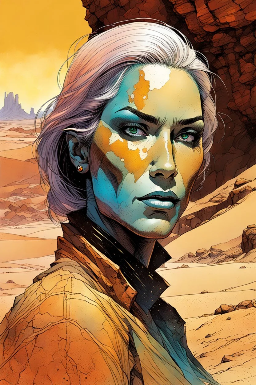 create a fine art print illustration of a rugged gritty, roughly textured Fremen female with highly detailed feminine facial features, traversing a a rocky outcrop amidst the desert sands of Arrakis, dusty, gritty, in the comic book art style of Bill Sienkiewicz, and Jean Giraud Moebius, finely textured, drawn, colored, and inked,