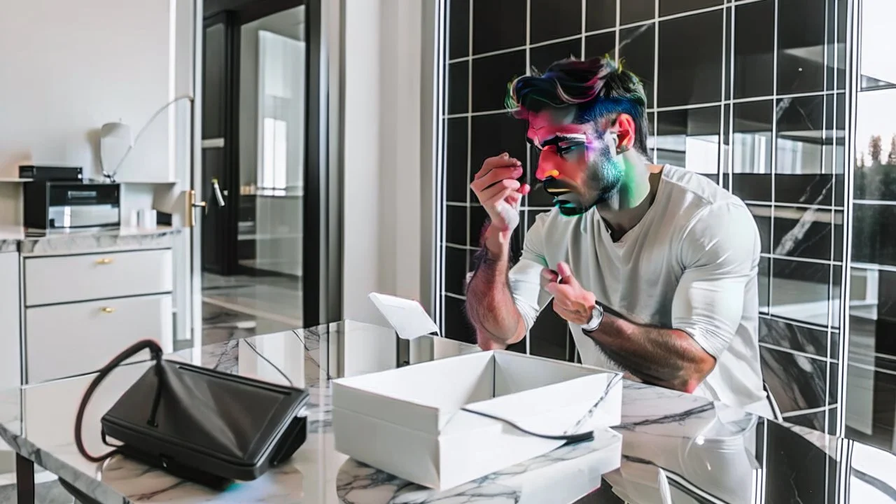 guy on phone at marble tabletop with empty delivery box