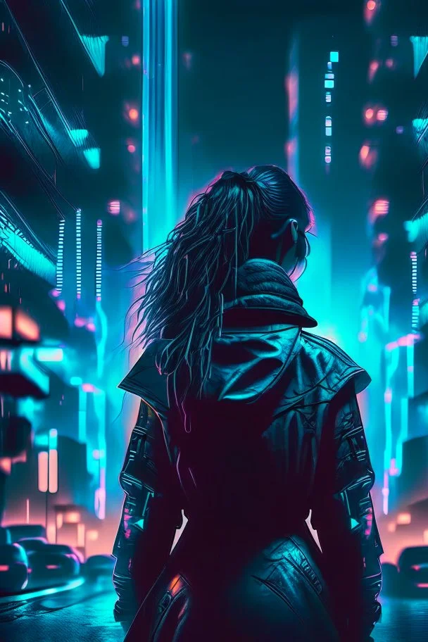 Noir, woman from the back silhouetted by neon lights facing empty night futuristic city in photorealistic style, cyberpunk, ice blue neon signs, street level view, raytracing, depth of field, cinematic, highly detailed, rim lighting