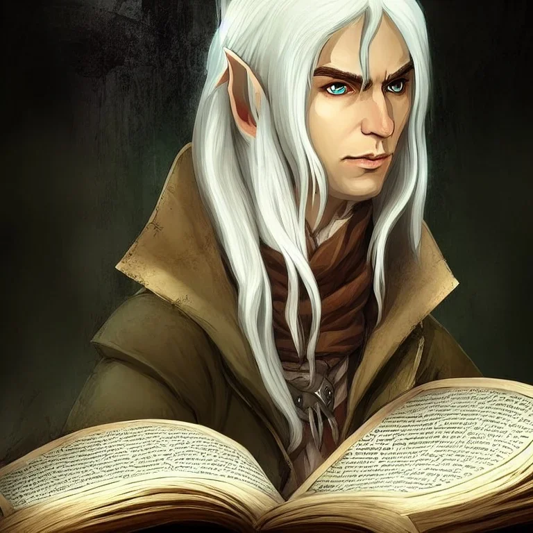 portrait of friendly elf with white hair in beige coat reading a large book, fantasy character art, concept art, somber, gloomy lighting, 3d concept art, stylized