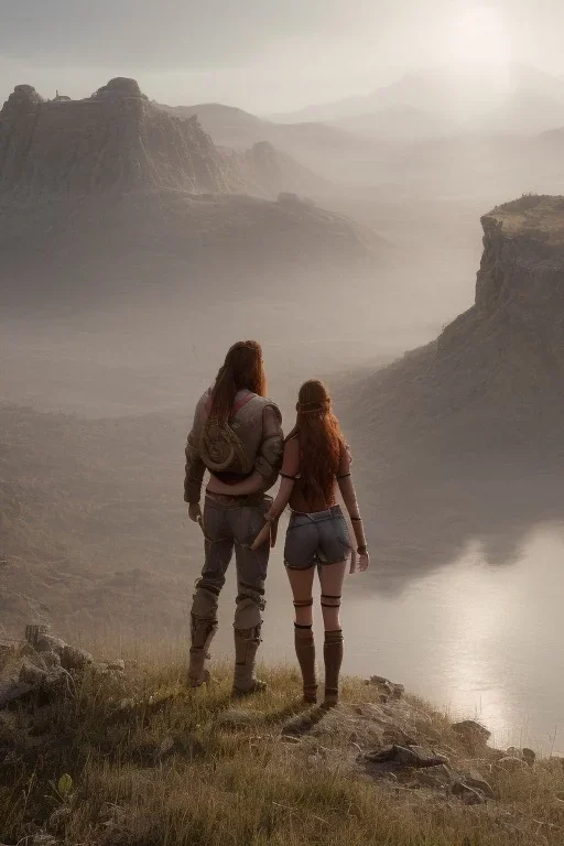 Jeune couple premier plan, visages hyper détaillés, ultra réaliste, 4k. Fille rousse aux cheveux raides, garçon musclé cheveux dreadlocks longs. Paysage de film ultra réaliste, montagne. D&D, mystique, ultra réaliste