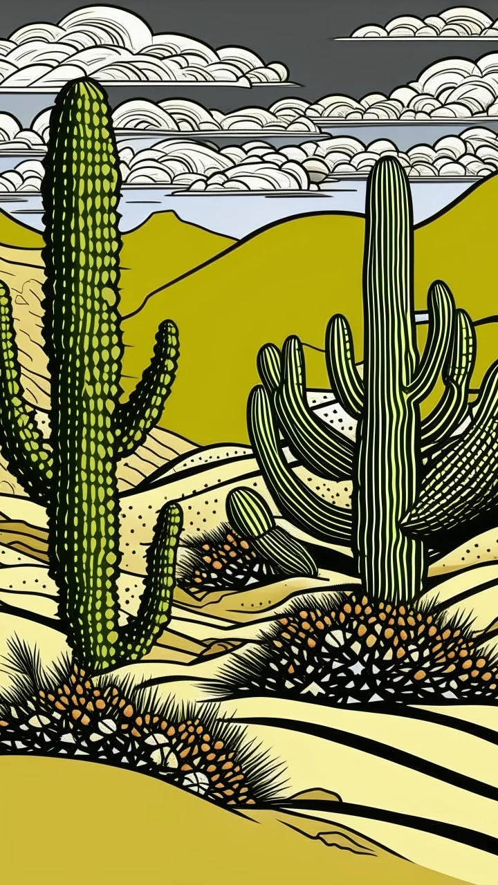 A tan sandy desert with cactuses painted by Roy Lichtenstein