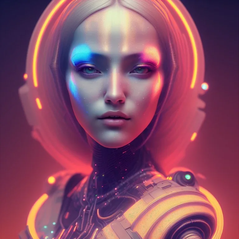 A beautiful portrait of a cute cyberpunk woman happy, grain on the skin, orange color scheme, high key lighting, volumetric light high details with white stripes and feathers full length clean art NFT, soft lighting, soft pastel gradients, high definition, blender 3d cinematic, op art, visionary art, sacred geometry, fractal, white balanced