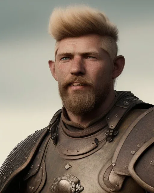 strong medieval men warrior with blond short hair, blue eyes and wide warm smile with an axe with green and brown clothes