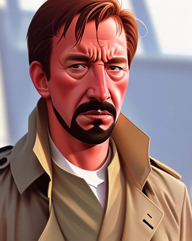 a man who looks like hans gruber wearing a trench coat and red sunglasses staring with a judgmental look on his face