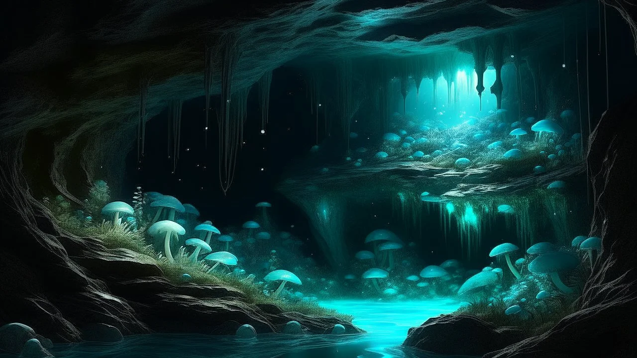 A hyper-realistic digital painting of a motionless three-dimensional grotto, illuminated by bioluminescent fungi and crystals