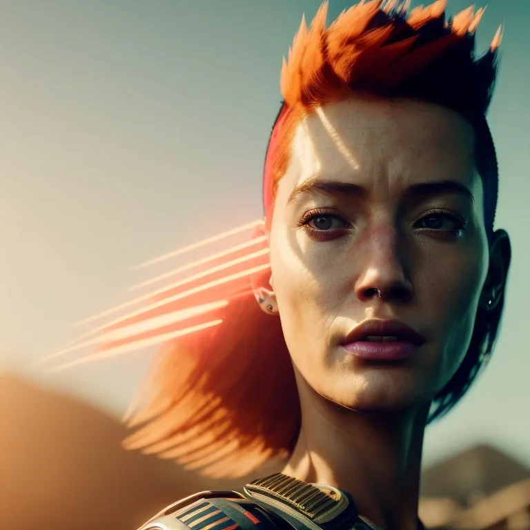 A beautiful portrait of a cyberpunk woman with lot's of grain on her skin red head with hair flying in the wind cyborg smiling facing camera orange color scheme, high key lighting, volumetric light high details with white stripes and feathers unreal 5, octane render, cinema4d, dynamic lighting, dramatic lighting, 4k, redshift render, highly detailed, hyper realistic like Tron the movie