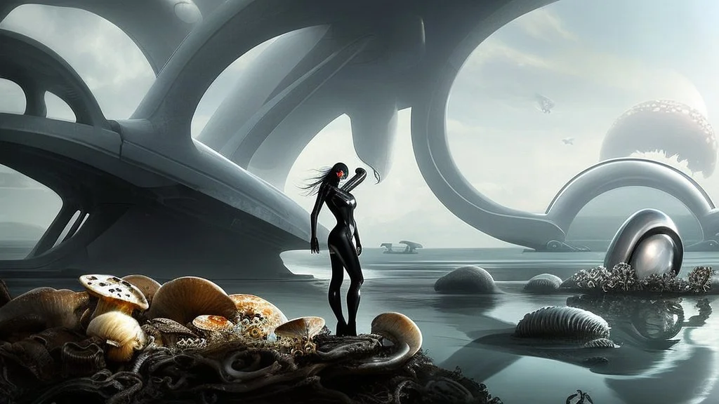 woman with dark hair in a silver robotic catsuit, standing on a futuristic alien beach with a crashed spaceship in the water, with mushrooms with octopus tentacles flying in the air