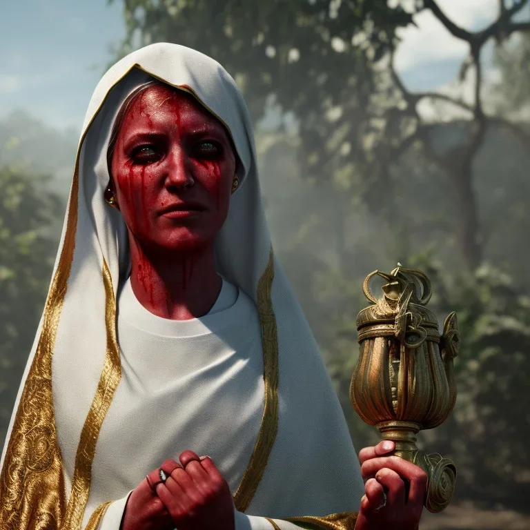 The Virgin Mary, cries with blood, Outlast, photorealistic illustration, 8k