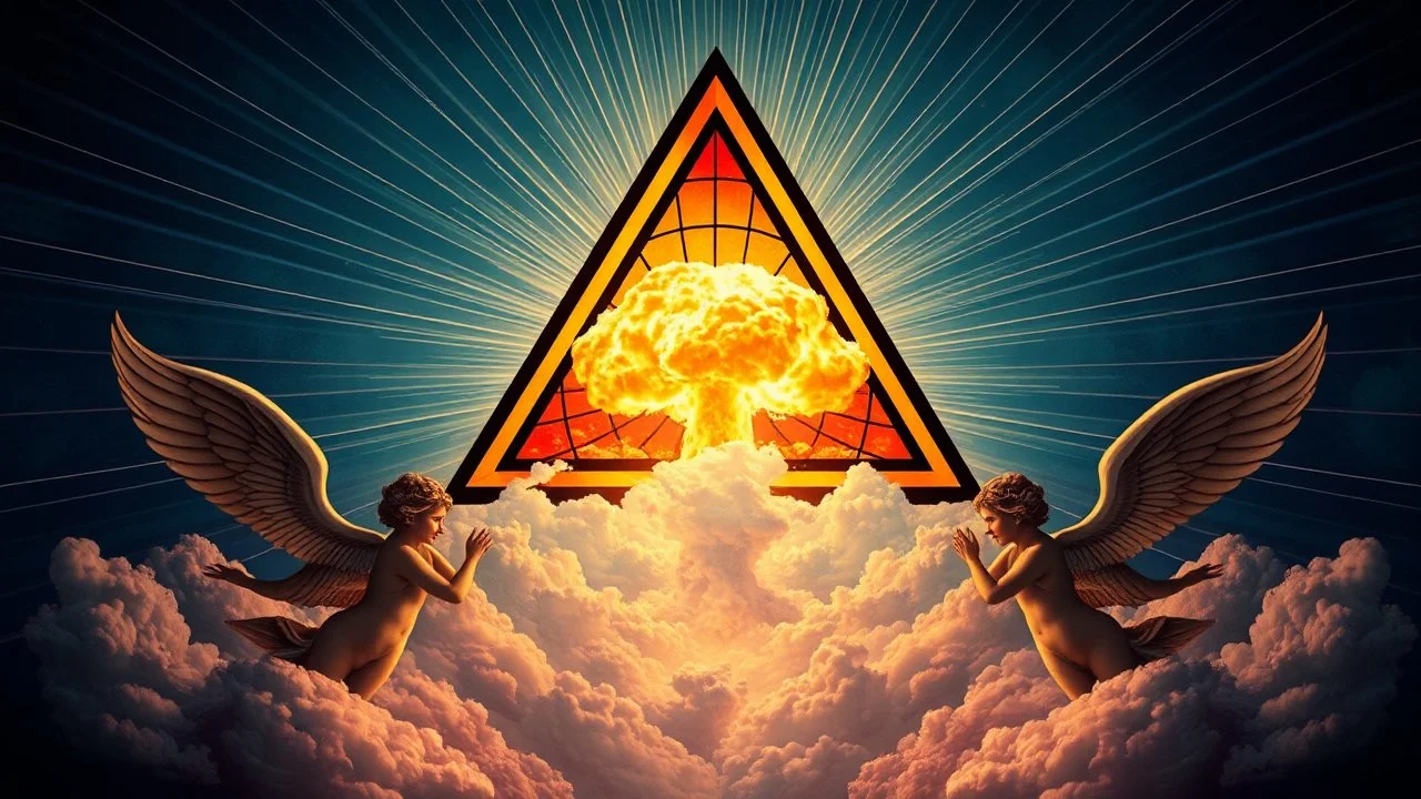 a nuclear explosion cloud(middle) framed from behind by a triangle of stained glass surrounded by radiant lines from the center, the wind and smoke from the explosion forming shapes of attractive dancing women with small angel wings(left and right foreground) like cherubs in the clouds, religiose art