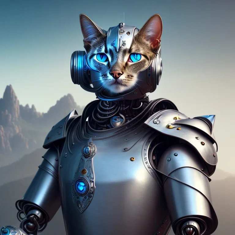 a cat-like robot with blue eyes and cyber elements wearing a medieval armor, small mountains in background, high detail, photo, 8k, ray-tracing