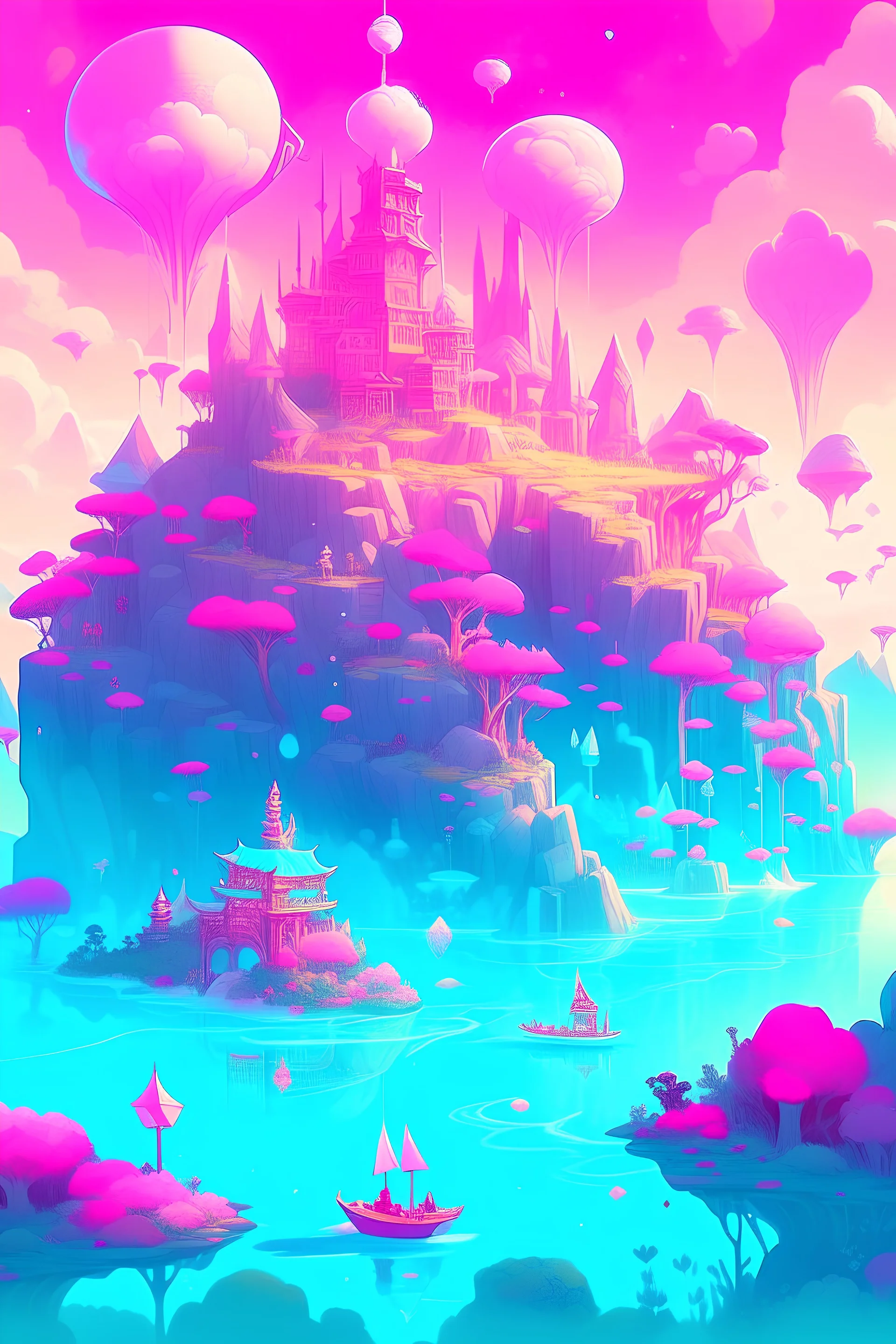 A digital illustration of a dreamy fantasy world filled with floating islands and magical creatures. Inspired by the artist Victoria Ying. The colors are pastel and ethereal, evoking a sense of wonder. The characters have serene and enchanting expressions. The lighting is soft and mystical, enhancing the dreamlike ambiance