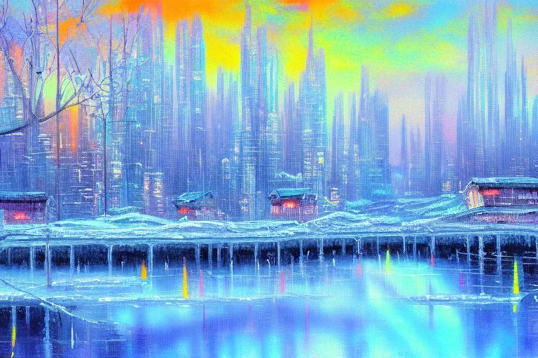 Science fiction city near frozen lake, impressionism painting